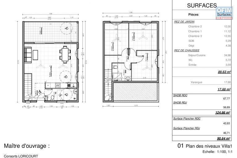 Villa triplex 4 pièces de 107 m² en construction (VEFA) sur terrain de 200 m², superbe vue mer, proche centre ville de la Plaine st Paul.