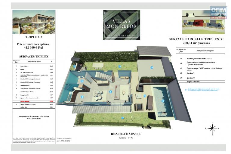 Villa triplex 4 pièces de 107 m² en construction (VEFA) sur terrain de 200 m², superbe vue mer, proche centre ville de la Plaine st Paul.