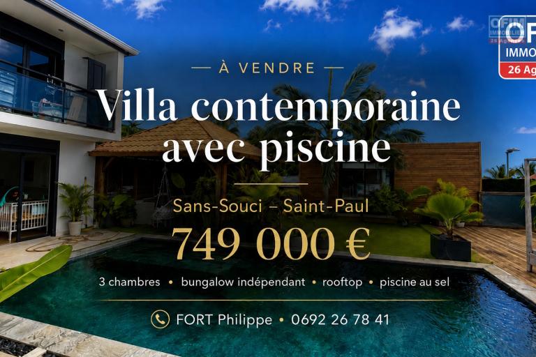A vendre une villa contemporaine avec piscine, rooftop et bungalow à Saint-Paul...