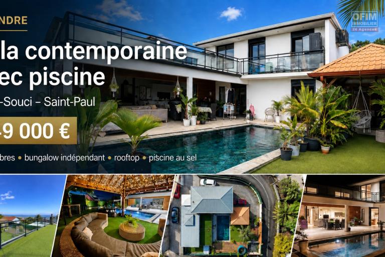 A vendre une villa contemporaine avec piscine, rooftop et bungalow à Saint-Paul à 749 000€