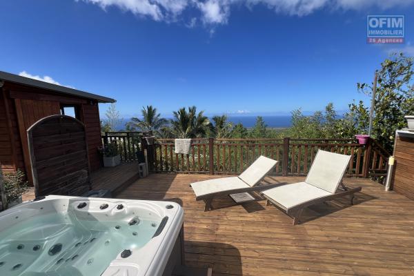 Jolie maison bois F3+ de 100 m² habitables + dépendance avec cuisine d'été/bar/buanderie + 100 m² de terrasse en caillebotis avec une magnifique vue océan/montagne, sans jardin.