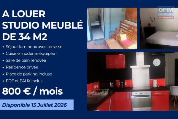 🌴 Studio meublé de 34 m2 à louer – 800 €/mois 🌺 Eau & Électricité incluses !