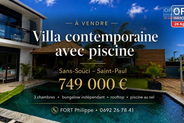 A vendre une villa contemporaine avec piscine, rooftop et bungalow à Saint-Paul à 749 000€